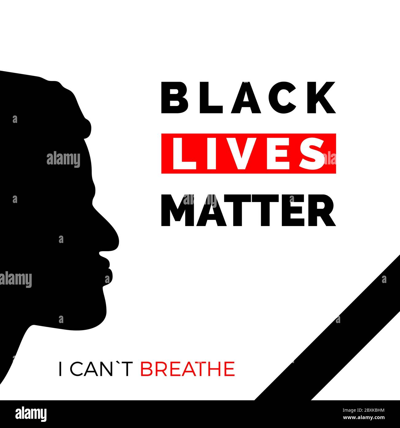 Black Lives Matter and i can`t breathe text on poster. Black face profile and mourning ribbon. Humanity social issue. Vector Stock Vector